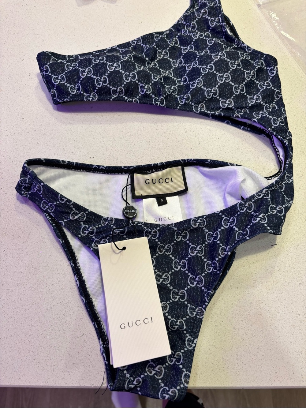 Gucci Navy and White One-Shoulder Logo Bikini - Picture 4 of 6
